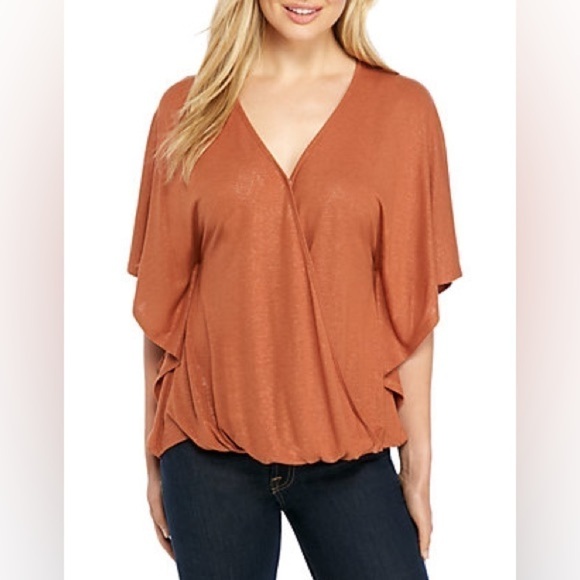 Democracy Tops - DEMOCRACY Linen Blend Short Sleeve Faux Wrap Terracotta Top Small